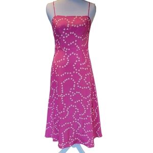 HVN "String Of Hearts" Pink Spaghetti Strap Silk Slip Dress With White Hearts